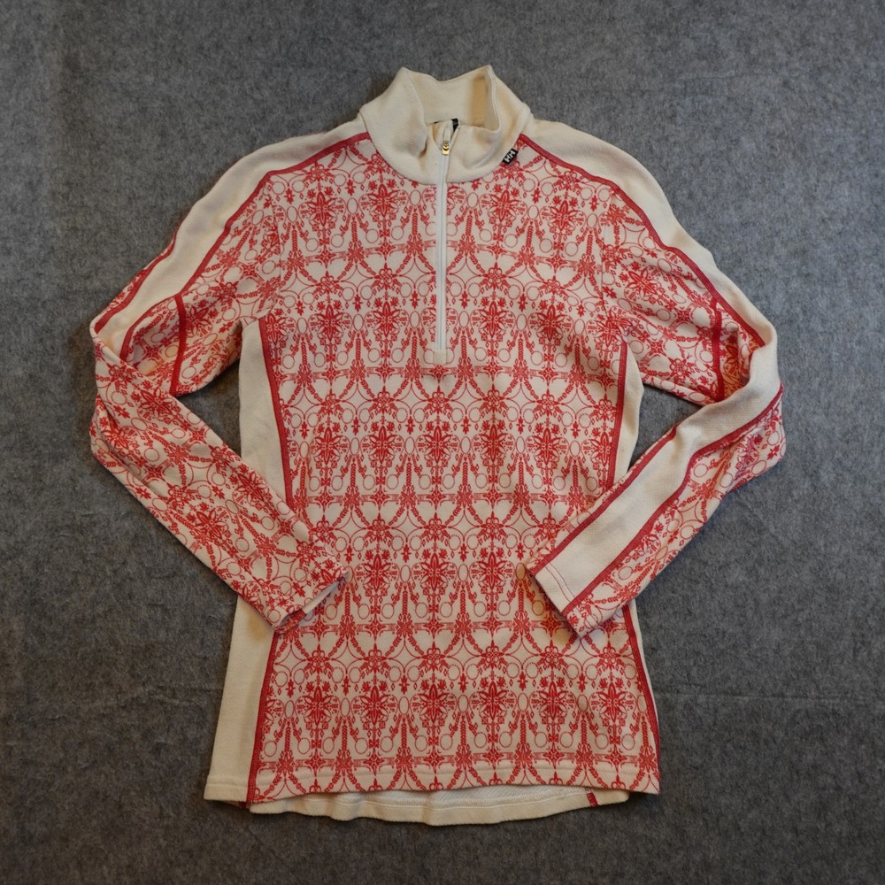 Helly Hansen Top Women Medium White Red Fair Isle Nordic HH Merino Wool 1/2 Zip